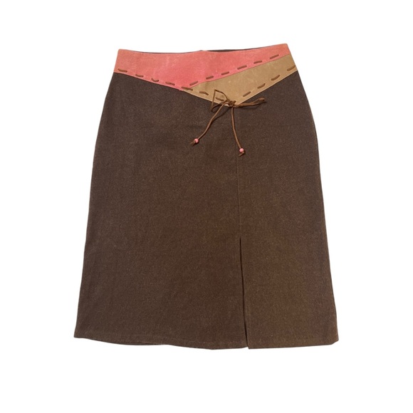 Y2K Monteau Chocolate Brown Pink Faux Suede Knee Length Skirt Sz L Women - Picture 1 of 9